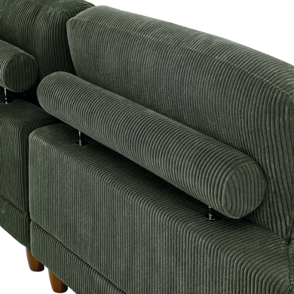 Olive drab green modular sectional sofa with soft corduroy upholstery, removable cushions, and matching ottoman — seats six with L-shaped or U-shaped layout options.

