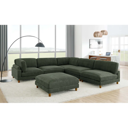 Olive drab green modular sectional sofa with soft corduroy upholstery, removable cushions, and matching ottoman — seats six with L-shaped or U-shaped layout options.

