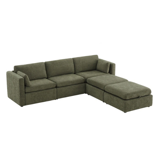 Olive green five-piece modular sofa set featuring wide chenille-upholstered seats, two gas-lift storage ottomans, and reversible cushions — ideal for modern, adaptable living spaces.

