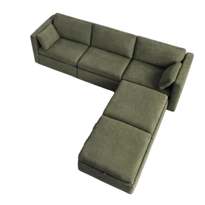 Olive green five-piece modular sofa set featuring wide chenille-upholstered seats, two gas-lift storage ottomans, and reversible cushions — ideal for modern, adaptable living spaces.

