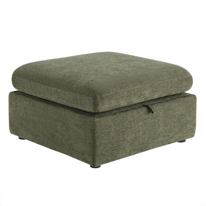 Olive green five-piece modular sofa set featuring wide chenille-upholstered seats, two gas-lift storage ottomans, and reversible cushions — ideal for modern, adaptable living spaces.

