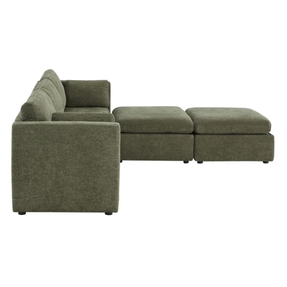 Olive green five-piece modular sofa set featuring wide chenille-upholstered seats, two gas-lift storage ottomans, and reversible cushions — ideal for modern, adaptable living spaces.

