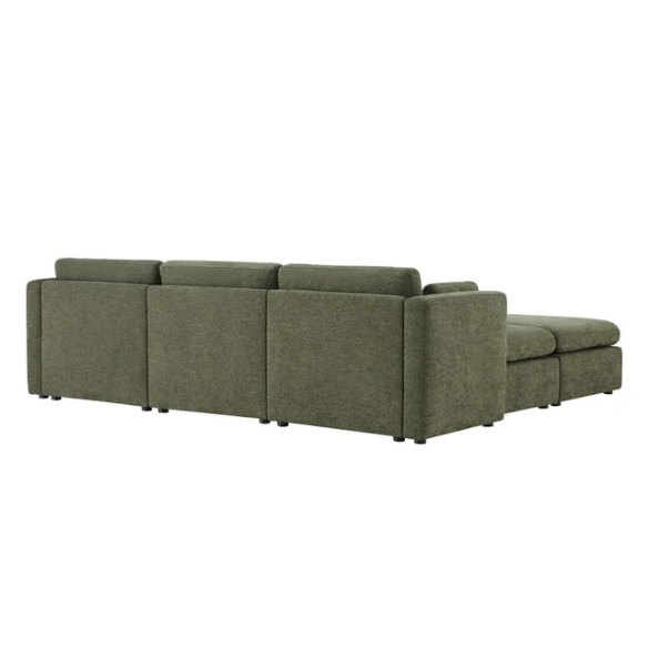 Olive green five-piece modular sofa set featuring wide chenille-upholstered seats, two gas-lift storage ottomans, and reversible cushions — ideal for modern, adaptable living spaces.


