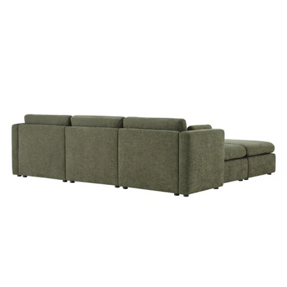 Olive green five-piece modular sofa set featuring wide chenille-upholstered seats, two gas-lift storage ottomans, and reversible cushions — ideal for modern, adaptable living spaces.

