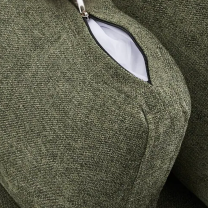 Olive green five-piece modular sofa set featuring wide chenille-upholstered seats, two gas-lift storage ottomans, and reversible cushions — ideal for modern, adaptable living spaces.

