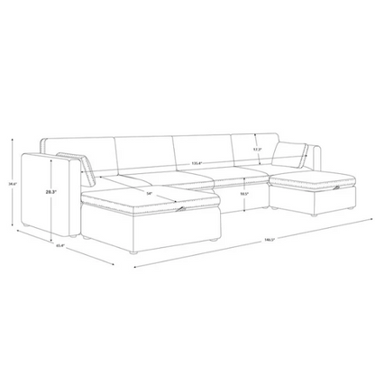 Olive green six-piece modular sofa set with wide chenille-upholstered seats, two storage ottomans with gas-lift lids, and plush reversible cushions — ideal for modern and mid-century inspired interiors.

