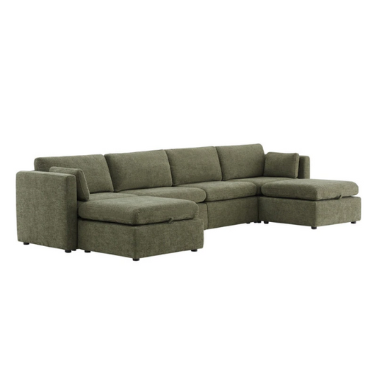 Olive green six-piece modular sofa set with wide chenille-upholstered seats, two storage ottomans with gas-lift lids, and plush reversible cushions — ideal for modern and mid-century inspired interiors.

