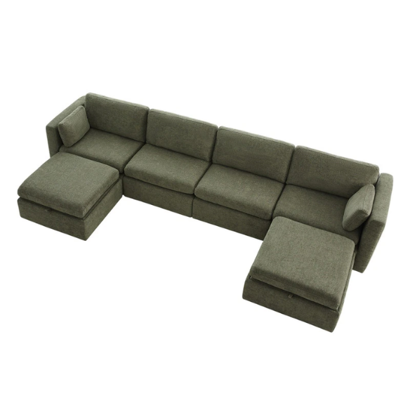 Olive green six-piece modular sofa set with wide chenille-upholstered seats, two storage ottomans with gas-lift lids, and plush reversible cushions — ideal for modern and mid-century inspired interiors.

