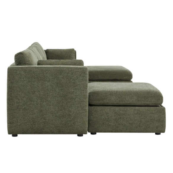 Olive green six-piece modular sofa set with wide chenille-upholstered seats, two storage ottomans with gas-lift lids, and plush reversible cushions — ideal for modern and mid-century inspired interiors.

