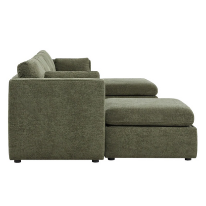 Olive green six-piece modular sofa set with wide chenille-upholstered seats, two storage ottomans with gas-lift lids, and plush reversible cushions — ideal for modern and mid-century inspired interiors.

