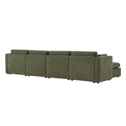 Olive green six-piece modular sofa set with wide chenille-upholstered seats, two storage ottomans with gas-lift lids, and plush reversible cushions — ideal for modern and mid-century inspired interiors.

