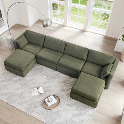 Olive green six-piece modular sofa set with wide chenille-upholstered seats, two storage ottomans with gas-lift lids, and plush reversible cushions — ideal for modern and mid-century inspired interiors.

