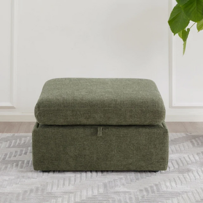 Olive green six-piece modular sofa set with wide chenille-upholstered seats, two storage ottomans with gas-lift lids, and plush reversible cushions — ideal for modern and mid-century inspired interiors.

