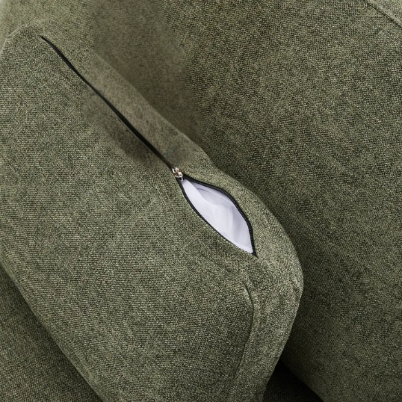 Olive green four-piece modular sofa with wide seats, soft chenille upholstery, removable cushions, and storage ottoman — ideal for customizable modern living rooms.

