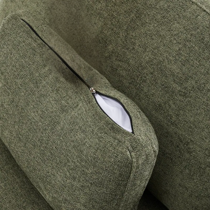 Olive green four-piece modular sofa with wide seats, soft chenille upholstery, removable cushions, and storage ottoman — ideal for customizable modern living rooms.

