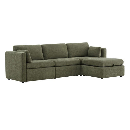Olive green four-piece modular sofa with wide seats, soft chenille upholstery, removable cushions, and storage ottoman — ideal for customizable modern living rooms.

