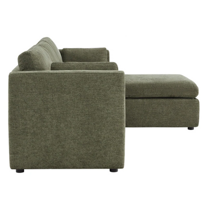 Olive green four-piece modular sofa with wide seats, soft chenille upholstery, removable cushions, and storage ottoman — ideal for customizable modern living rooms.

