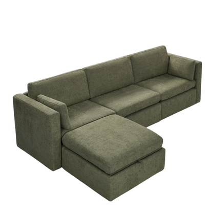 Olive green four-piece modular sofa with wide seats, soft chenille upholstery, removable cushions, and storage ottoman — ideal for customizable modern living rooms.


