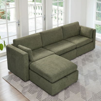 Olive green four-piece modular sofa with wide seats, soft chenille upholstery, removable cushions, and storage ottoman — ideal for customizable modern living rooms.

