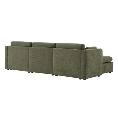 Olive green four-piece modular sofa with wide seats, soft chenille upholstery, removable cushions, and storage ottoman — ideal for customizable modern living rooms.

