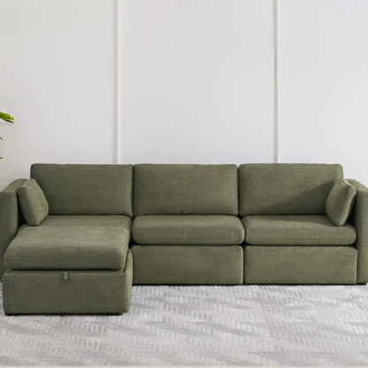 Olive green four-piece modular sofa with wide seats, soft chenille upholstery, removable cushions, and storage ottoman — ideal for customizable modern living rooms.

