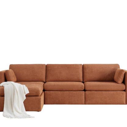 Terracotta modular four-piece sofa set with wide seats, soft chenille upholstery, removable cushions, and a gas-lift storage ottoman — perfect for modern, cozy living rooms.

