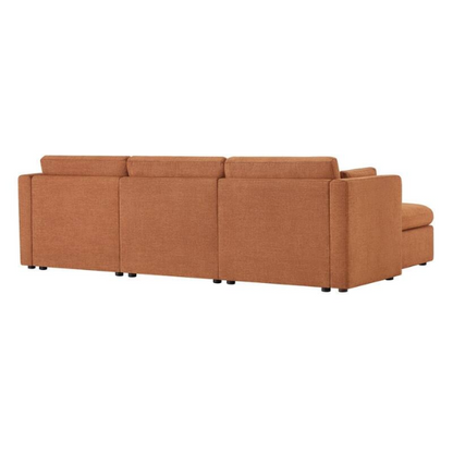 Terracotta modular four-piece sofa set with wide seats, soft chenille upholstery, removable cushions, and a gas-lift storage ottoman — perfect for modern, cozy living rooms.

