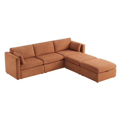 Terracotta five-piece modular sectional sofa with wide chenille seats, two gas-lift storage ottomans, and reversible cushions — designed for comfort and flexibility in modern homes.


