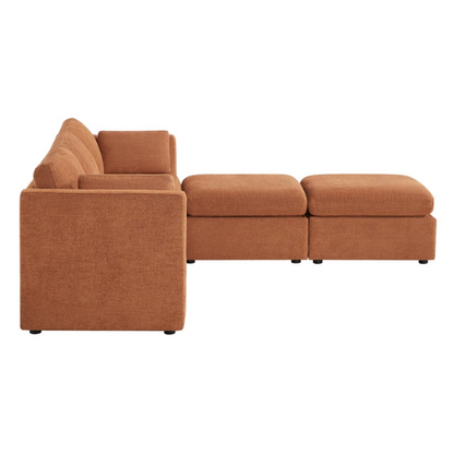 Terracotta five-piece modular sectional sofa with wide chenille seats, two gas-lift storage ottomans, and reversible cushions — designed for comfort and flexibility in modern homes.

