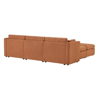 Terracotta five-piece modular sectional sofa with wide chenille seats, two gas-lift storage ottomans, and reversible cushions — designed for comfort and flexibility in modern homes.

