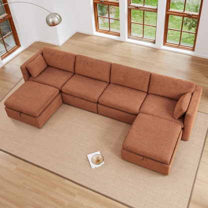Terracotta six-piece modular sofa set featuring wide chenille-upholstered seats, two gas-lift storage ottomans, and reversible cushions — a bold, earthy centerpiece for modern or eclectic interiors.

