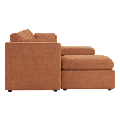 Terracotta six-piece modular sofa set featuring wide chenille-upholstered seats, two gas-lift storage ottomans, and reversible cushions — a bold, earthy centerpiece for modern or eclectic interiors.

