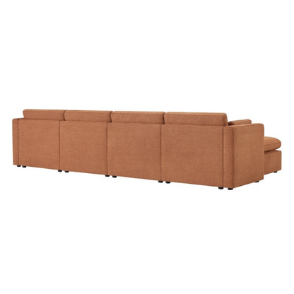 Terracotta six-piece modular sofa set featuring wide chenille-upholstered seats, two gas-lift storage ottomans, and reversible cushions — a bold, earthy centerpiece for modern or eclectic interiors.


