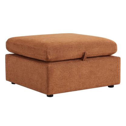 Terracotta six-piece modular sofa set featuring wide chenille-upholstered seats, two gas-lift storage ottomans, and reversible cushions — a bold, earthy centerpiece for modern or eclectic interiors.

