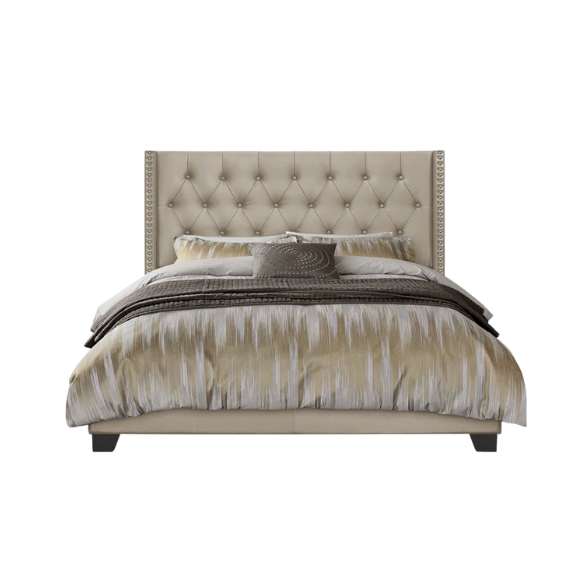 Gold faux leather full size bed with button-tufted wingback headboard, nailhead trim, and low-profile frame design.