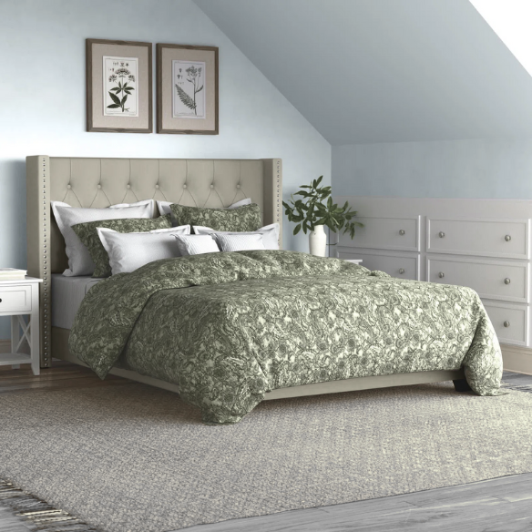 Gold faux leather full size bed with button-tufted wingback headboard, nailhead trim, and low-profile frame design.