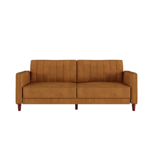 Golden brown velvet convertible sofa with square arms and vertical tufting, featuring split-back design, wood tapered legs, and fold-out support legs for twin bed conversion.