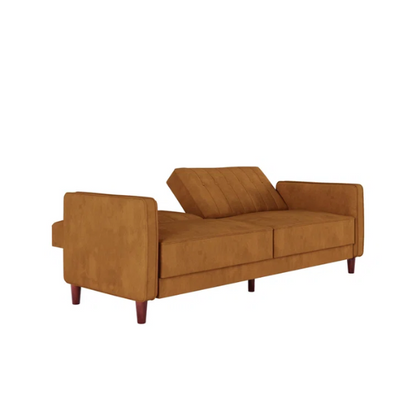 Golden brown velvet convertible sofa with square arms and vertical tufting, featuring split-back design, wood tapered legs, and fold-out support legs for twin bed conversion.