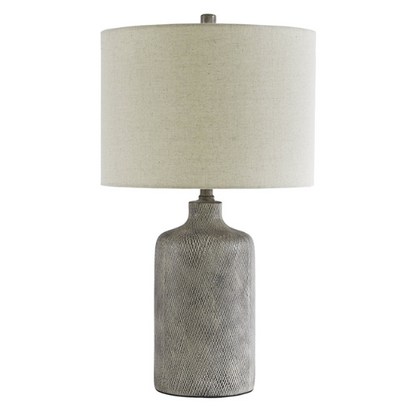 Gray ceramic table lamp with black diamond textured base and white fabric drum shade, featuring a 3-way switch for adjustable lighting in transitional or modern interiors

