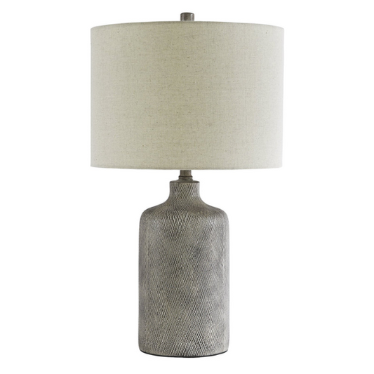 Gray ceramic table lamp with black diamond textured base and white fabric drum shade, featuring a 3-way switch for adjustable lighting in transitional or modern interiors


