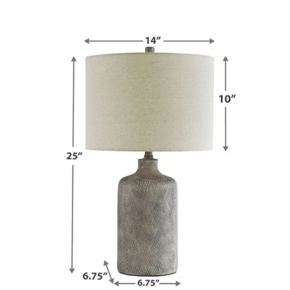 Gray ceramic table lamp with black diamond textured base and white fabric drum shade, featuring a 3-way switch for adjustable lighting in transitional or modern interiors

