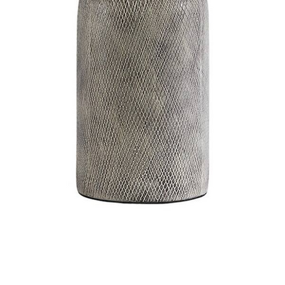 Gray ceramic table lamp with black diamond textured base and white fabric drum shade, featuring a 3-way switch for adjustable lighting in transitional or modern interiors


