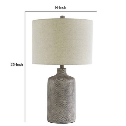 Gray ceramic table lamp with black diamond textured base and white fabric drum shade, featuring a 3-way switch for adjustable lighting in transitional or modern interiors

