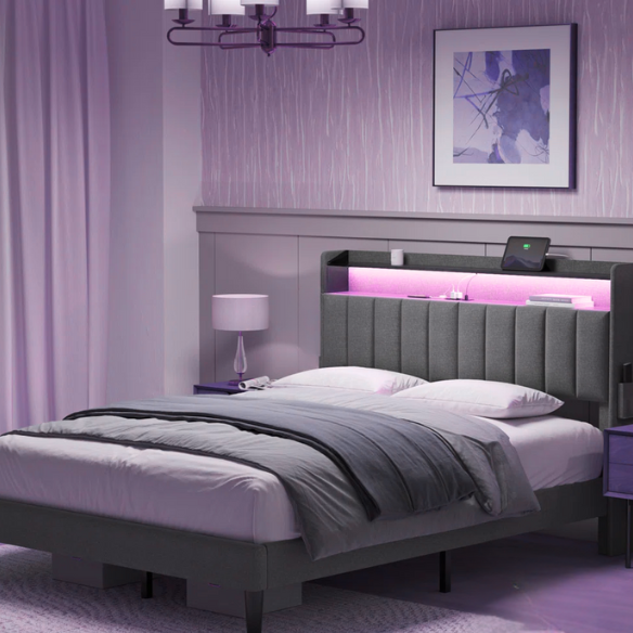 Gray full-size upholstered platform bed with LED headboard, hidden storage compartments, and built-in USB and AC outlets