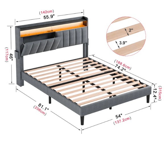 Gray full-size upholstered platform bed with LED headboard, hidden storage compartments, and built-in USB and AC outlets