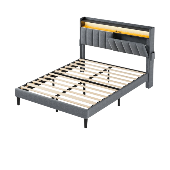 Gray full-size upholstered platform bed with LED headboard, hidden storage compartments, and built-in USB and AC outlets