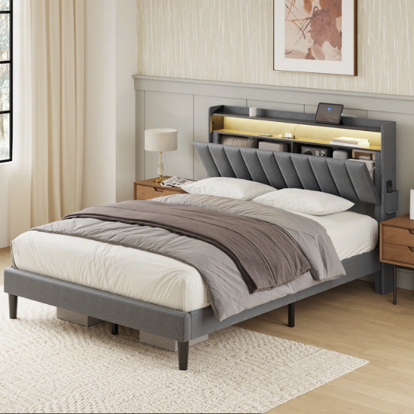 Gray full-size upholstered platform bed with LED headboard, hidden storage compartments, and built-in USB and AC outlets