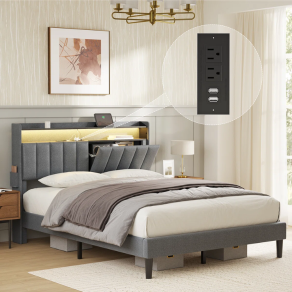Gray full-size upholstered platform bed with LED headboard, hidden storage compartments, and built-in USB and AC outlets