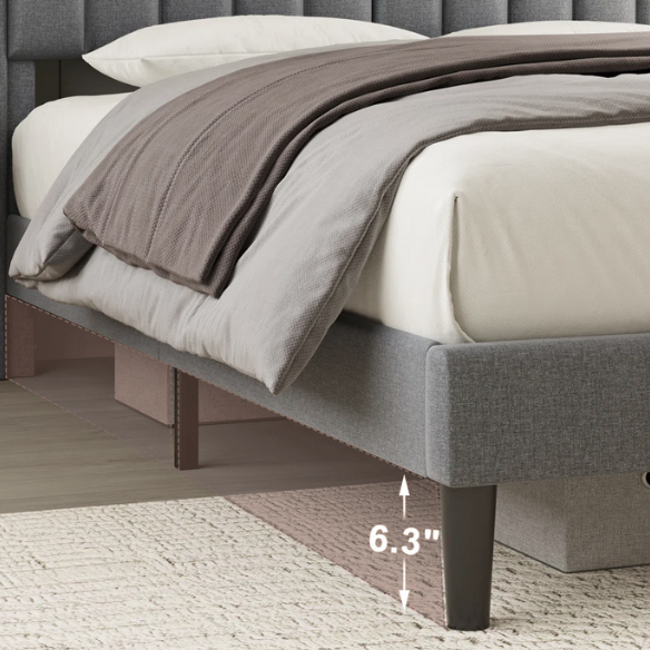 Gray full-size upholstered platform bed with LED headboard, hidden storage compartments, and built-in USB and AC outlets