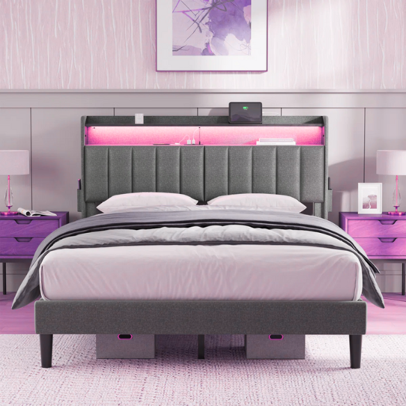 Gray full-size upholstered platform bed with LED headboard, hidden storage compartments, and built-in USB and AC outlets